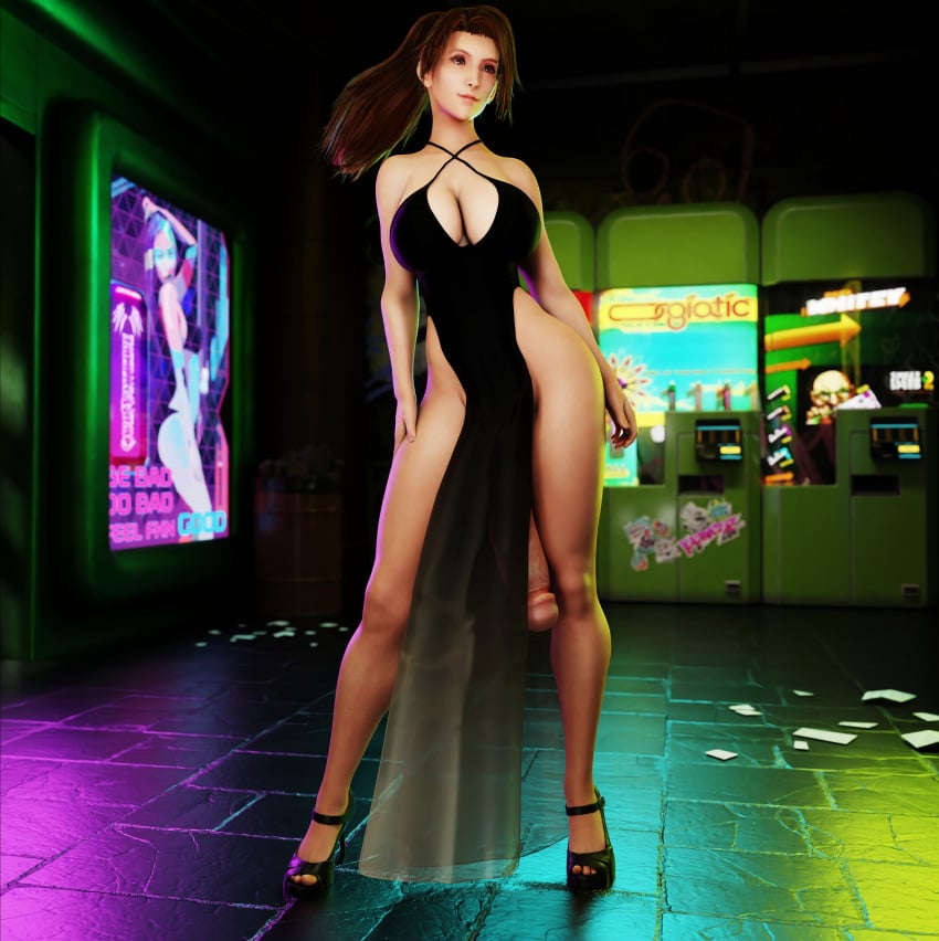 3d 3d_(artwork) ass big_breasts big_penis brown_hair dress final_fantasy final_fantasy_vii final_fantasy_vii_remake futa_only futanari heels jessie_rasberry legs peeking_penis peeping penis penis_slip penis_to_the_knees see-through_clothing see-through_dress smiling solo solo_focus solo_futa thighs toes wet_cheetos