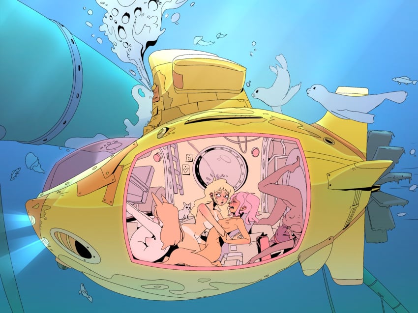 4girls accident blonde_hair breasts female hair_over_eyes human interior_view lesbian light-skinned_female long_hair multiple_girls nude ocean pale-skinned_female pale_skin pink_hair quetzoiin sesbian_lex submarine tanline underwater upside-down vehicle yellow_submarine yuri