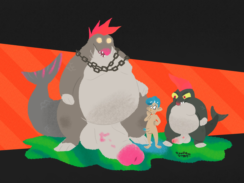 3boys absurd_res animal_humanoid anthro balls belly big_penis cephalopod cephalopod_humanoid chains cohock_(splatoon) cohozuna doodledoggy erection fish gay genitals grey_body group hair hi_res humanoid inkling male male/male marine marine_humanoid mollusk mollusk_humanoid nintendo nude overweight penis red_hair salmonid size_difference splatoon trio video_games