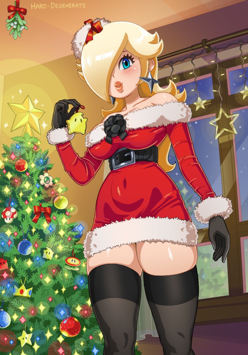 1girls blonde_hair blue_eyes blush breasts christmas christmas_tree cleavage clothing female female_only fur_trim gloves hair_over_one_eye hard-degenerate human lips looking_at_viewer mario_(series) mistletoe nintendo princess_rosalina santa_costume skindentation stockings super_mario_bros. thick_thighs thighhighs thighs tight_clothing zettai_ryouiki