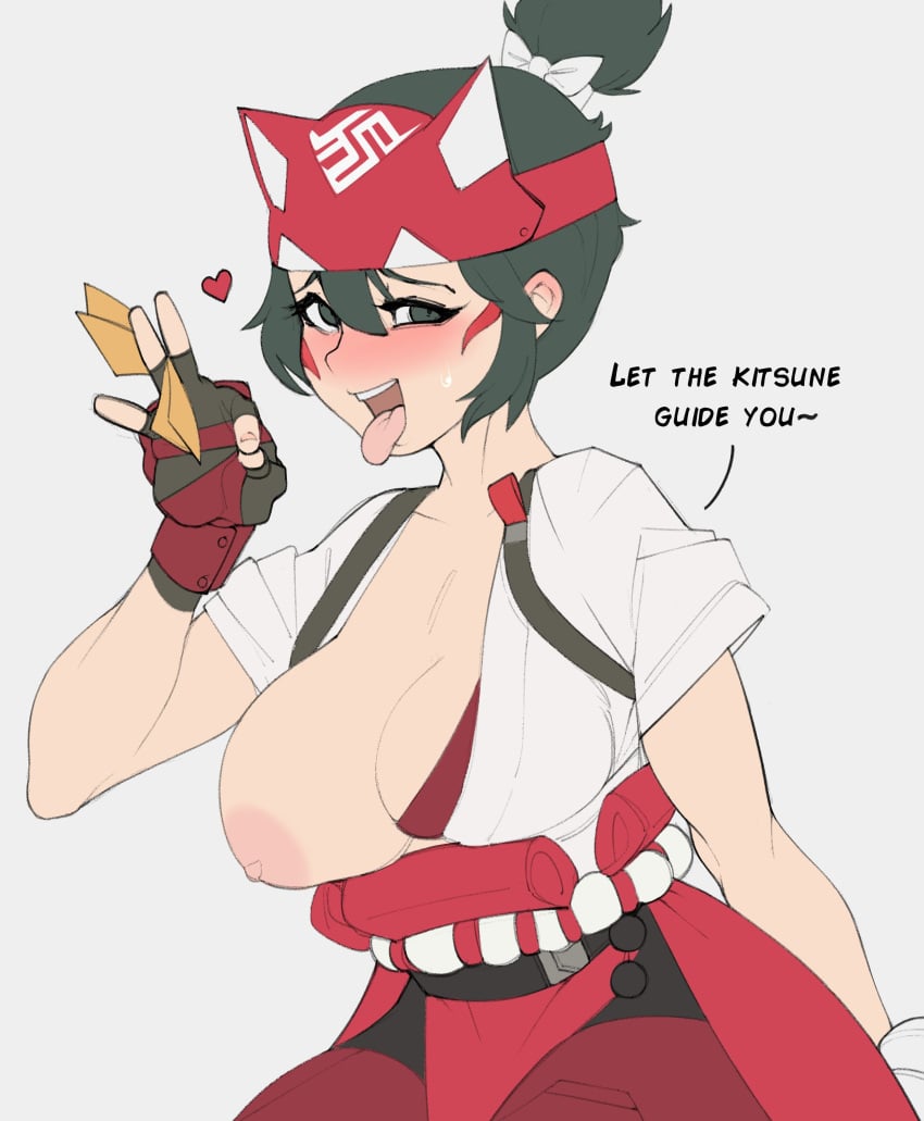 1girls 2d bandana big_breasts blizzard_entertainment blush breasts exposed_breasts facial_markings fellatio_gesture female fingerless_gloves fox_mask gloves green_hair heart kiriko_(overwatch) nipples one_breast_out open_mouth overwatch overwatch_2 ponytail pubsnsfw short_hair suggestive sweat sweatdrop tongue tongue_out