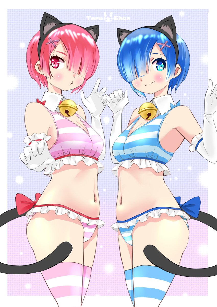 2girls back_bow bell bell_collar bikini bikini_skirt blue_bikini blue_bow blue_eyes blue_hair blue_socks blue_swimsuit bow breasts cat_bell cat_ears cat_tail gloves hair_over_one_eye light-skinned_female light_skin matching_outfit medium_breasts midriff navel pink_bikini pink_bow pink_eyes pink_hair pink_socks pink_swimsuit ram_(re:zero) re:zero_kara_hajimeru_isekai_seikatsu rem_(re:zero) shimapan short_hair socks striped_bikini striped_socks striped_swimsuit swimsuit teruchan thigh_socks thighhighs white_socks x_hair_ornament