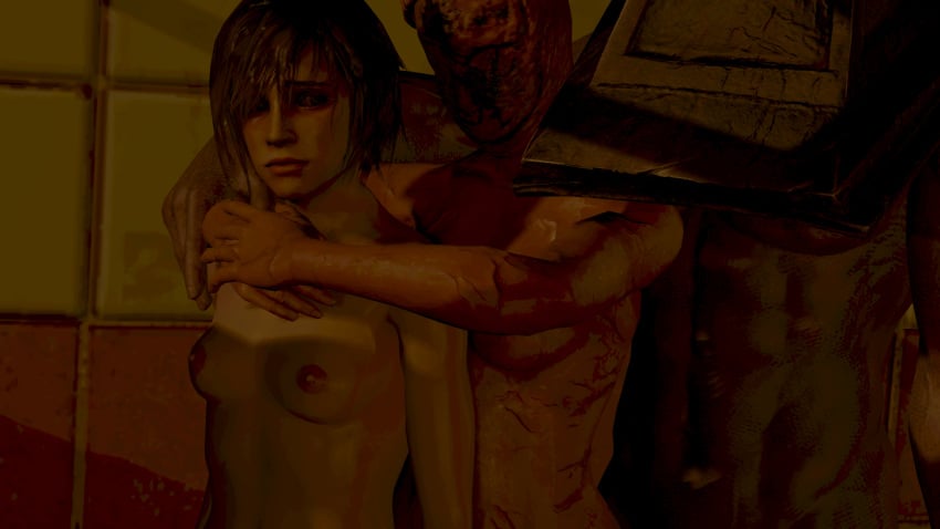 3d blonde_hair bubble_head_nurse female heather_mason human mythiccj naked nurse_(silent_hill) pale_skin pyramid_head sfm short_hair silent_hill silent_hill_3 small_breasts smaller_female source_filmmaker