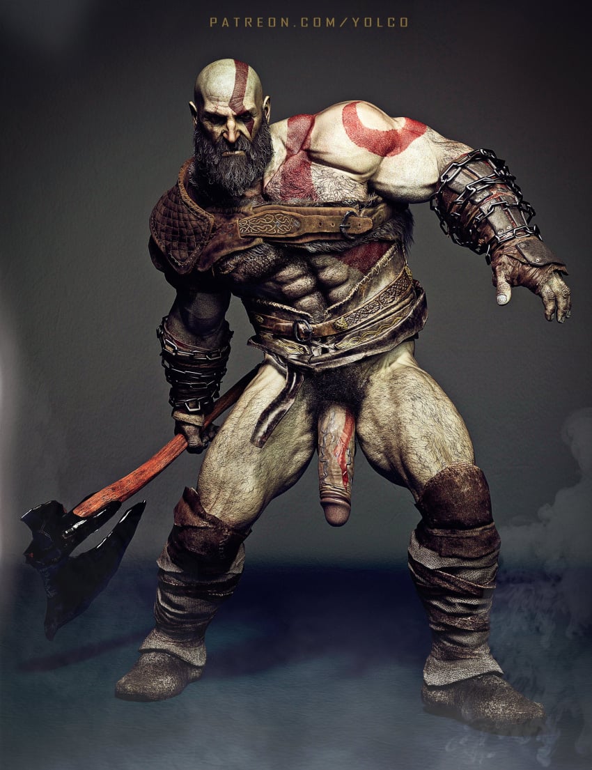 1boy 3d 3d_(artwork) axe balls bara beard big_penis body_markings facial_hair gay god_of_war grey_skin kratos male male_only muscles muscular penis solo solo_male tattoo yolco