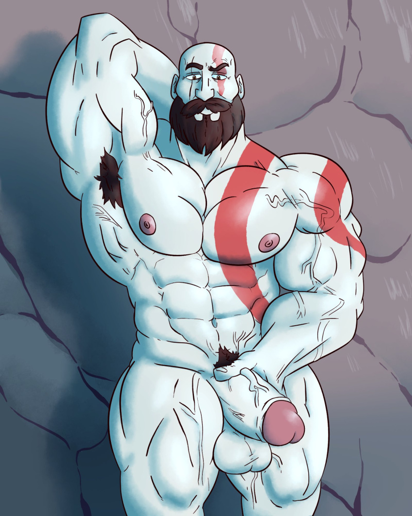 arm_up armpit_hair balls bara beard beefburner body_markings boner erection facial_hair gay god_of_war grey_skin kratos male male_only muscles muscular nude penis solo solo_male tattoo