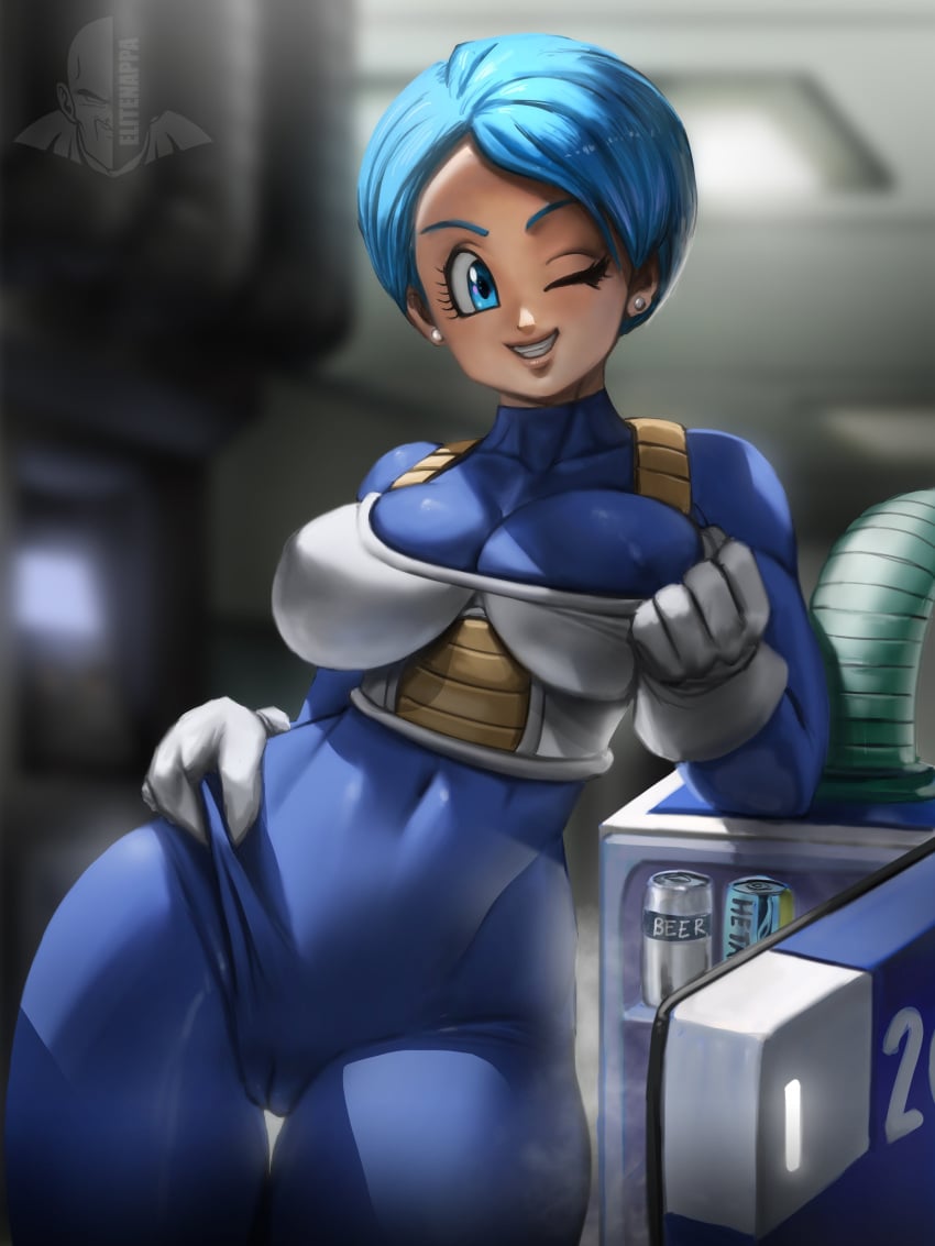 1girls armor battle_armor big_breasts blue_eyes blue_hair bodysuit breasts bulma_briefs cameltoe dragon_ball dragon_ball_super dragon_ball_z drink ear_piercing elitenappa female female_only human indoors laboratory looking_at_viewer milf nipples_visible_through_clothing piercing pussy_visible_through_clothes refrigerator saiyan_armor smile solo thick_thighs vegeta_(cosplay) wide_hips wink winking