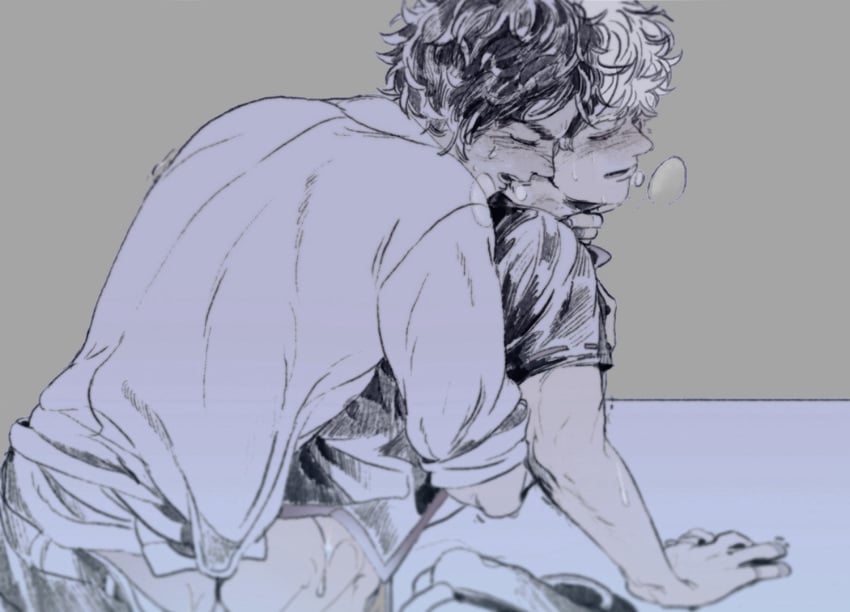 2boys anal anal_sex bent_over blush breath cling closed_eyes clothed_sex curly_hair from_behind gay gintama gintoki_sakata hugging_from_behind implied_anal male male_only messy_hair monochrome neck_grab open_mouth pants_down sakamoto_tatsuma seonwoo sweat yaoi