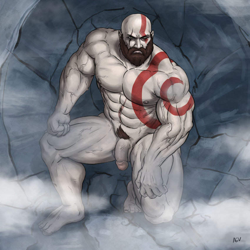 abruptus balls bara beard body_markings facial_hair gay god_of_war grey_skin kratos male male_only muscles muscular nude on_one_knee penis solo solo_male spread_legs tattoo