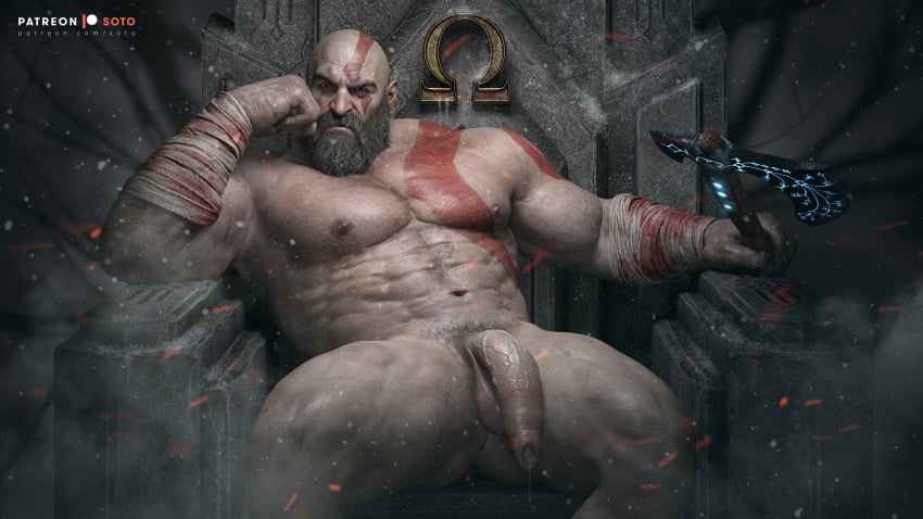 axe balls bara beard body_markings facial_hair gay god_of_war grey_skin kratos male male_only muscles muscular nude penis precum sitting solo solo_male soto spread_legs tattoo