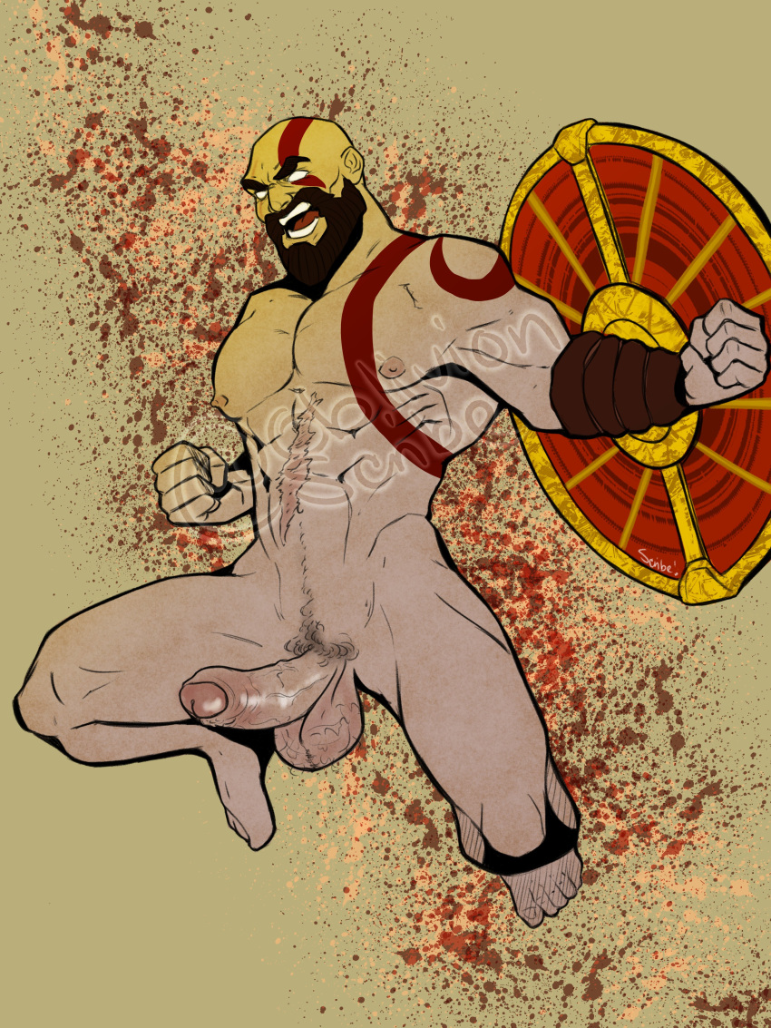 action_pose balls bara beard blank_eyes body_markings boner erection facial_hair fight_boner gay god_of_war grey_skin hairy_balls kratos male male_only muscles muscular nude oblivionscribe penis solo solo_male spread_legs tattoo