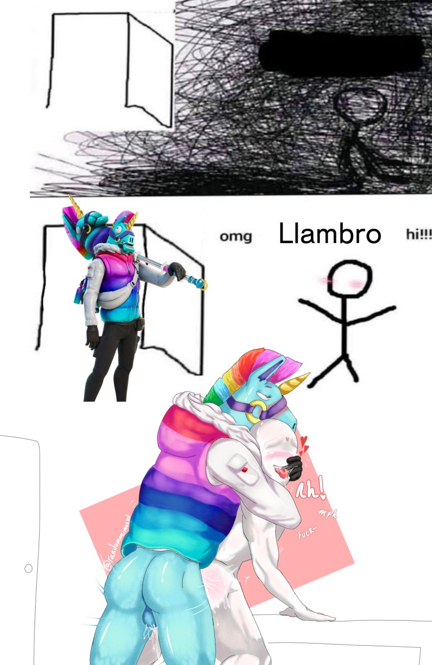 anon anthro_on_human arm_around_neck balls_between_legs blue_body blush bridle bubble_butt cum_drip cum_explosion domination drool_string drooling faceless_human faceless_male fingers_in_mouth fortnite fortnite:_battle_royale gay llambro_(fortnite) male_penetrating_male meme moaning muscular_male omg_hi! pounding simple_background stick_figure sweat text tongue_out unicorn_humanoid vest_only