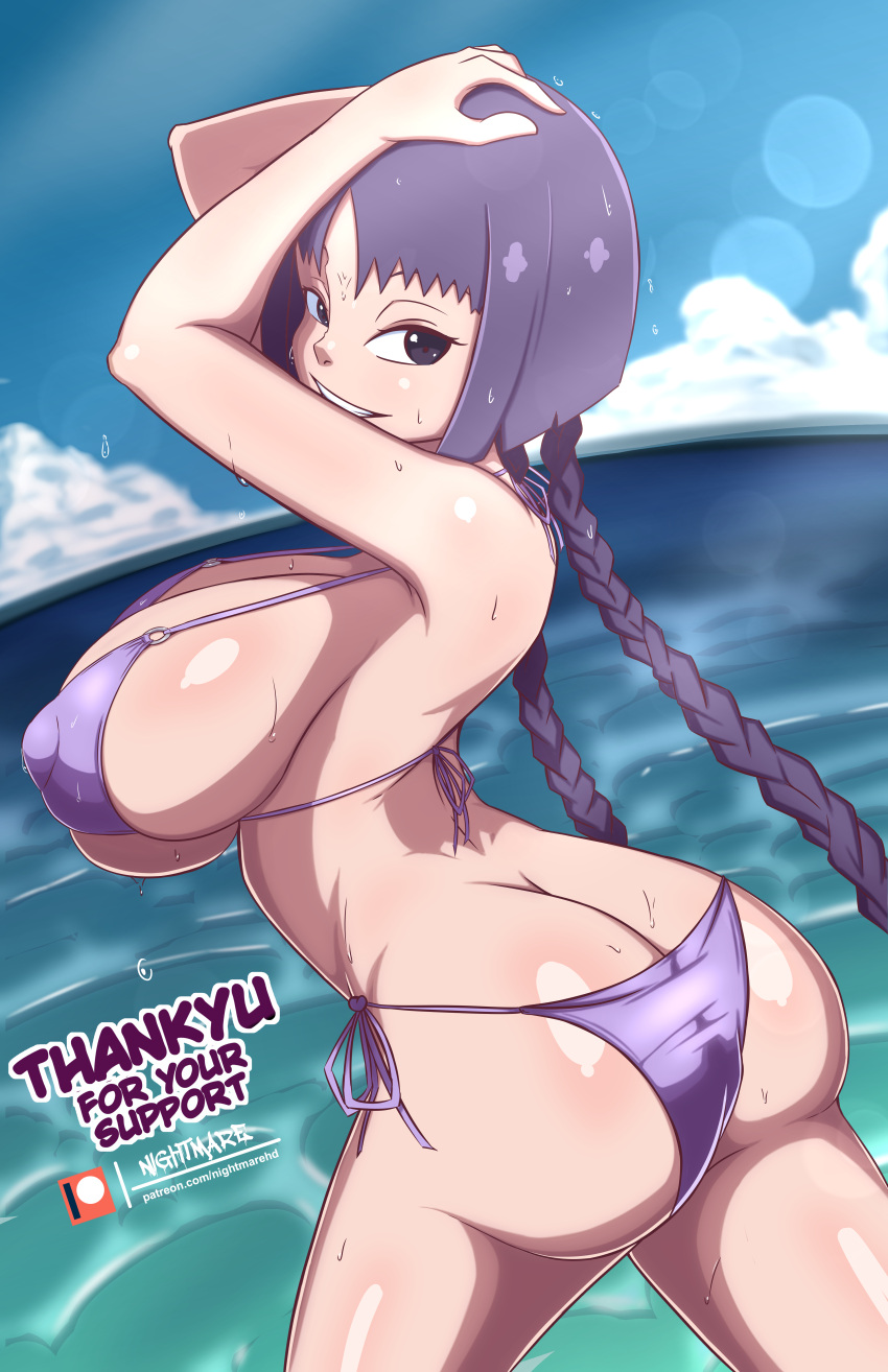 1girls armpits ass ass_cleavage big_ass big_breasts bikini blunt_bangs boruto:_naruto_next_generations braid braided_twintails breasts butt_crack female female_only from_behind hime_cut huge_breasts kakei_sumire large_breasts light_particles long_hair naruto naruto_(series) nightmare_hdraw ocean outdoors puffy_nipples sea side-tie_bikini sideboob skimpy skimpy_bikini solo solo_focus sunlight swimsuit teenage_girl teenager tied_hair twintails voluptuous water wet wet_body wet_skin young younger_female