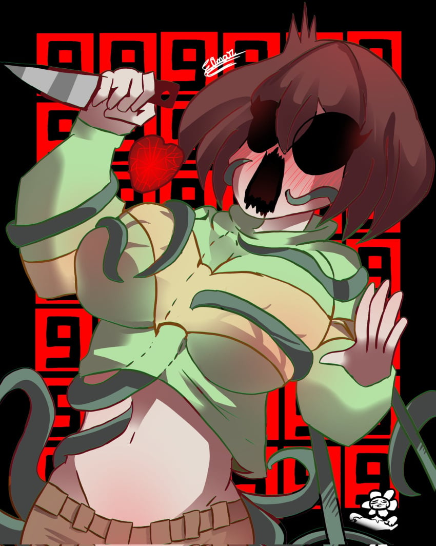 1girls 2022 belly blushed breasts brown_hair chara empty_eyes eosftwit flowey_the_flower fondling fondling_breast knife no_pupils tagme tentacle twitter undertale undertale_(series) vines