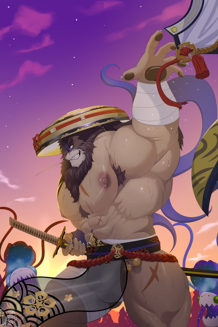 55mango abs absurd_res anthro asian_clothing balls_outline body_hair brown_body brown_fur bulge chest_hair clothing detailed_bulge east_asian_clothing felid fundoshi fur genital_outline hat headgear headwear hi_res japanese_clothing kaibutsu_(live-a-hero) katana lifewonders lion live-a-hero male male_only mammal melee_weapon muscular muscular_anthro muscular_male nipples pantherine pecs samurai scar shirtless solo straw_hat sword toshu_(live_a_hero) underwear video_games warrior weapon