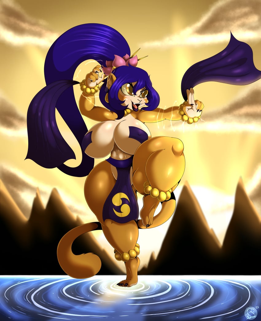 1girls 2022 anthro breasts cleavage dia_(suirano) female female_only fighting_stance furry huge_breasts lipstick long_hair looking_at_viewer monkey original pasties pose purple_hair skimpy solo spread_legs standing_on_one_leg standing_on_water suirano thick_thighs water