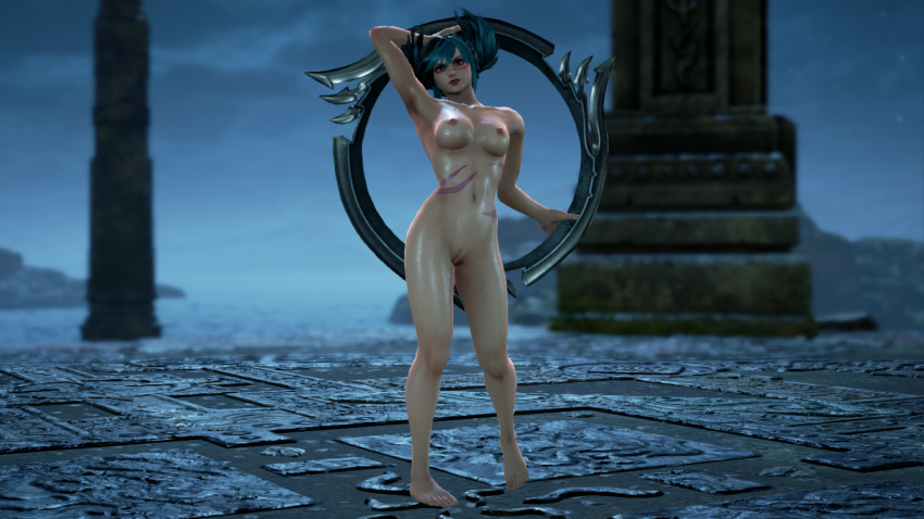 1girls 3d blue_hair cute nude nude_female pale_skin pose small_breasts solo soul_calibur sweat tira wet