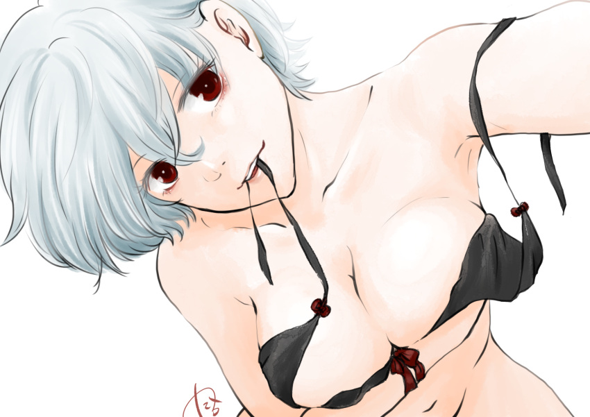 arm_under_breasts black_bra bra canon_genderswap cleavage female female_only genderswap_(mtf) ginko_sakata gintama gintoki_sakata looking_at_viewer medium_breasts red_eyes rule_63 selfie short_hair silver_hair smile solo trbxsymn unhooked_bra very_short_hair white_hair