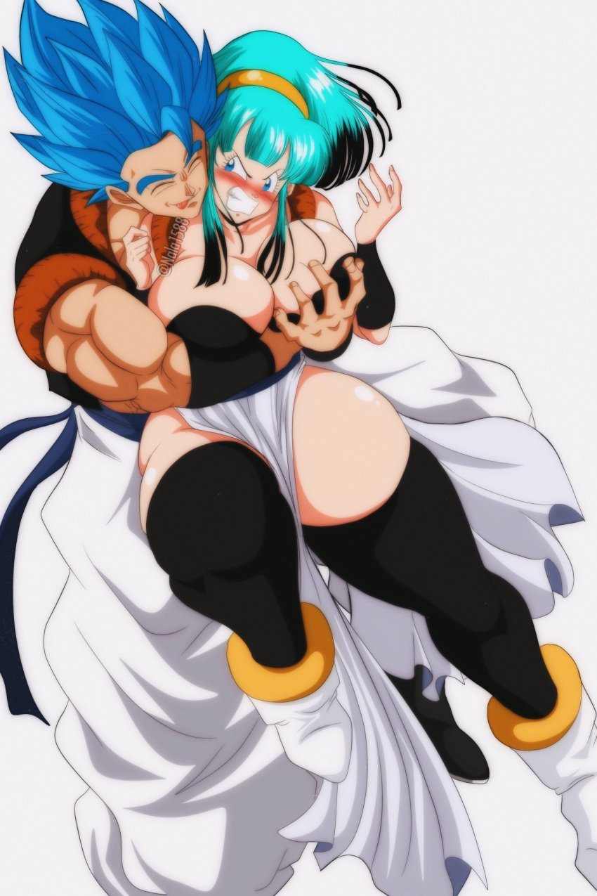 1boy 1girls breasts bulchi bulma_briefs chichi dragon_ball dragon_ball_super duo female gogeta groping huge_breasts male nala1588 shounen_jump son_goku super_saiyan_blue thick_thighs vegeta