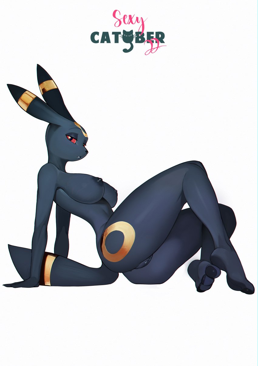 1girls 2022 2022s anthro bedroom_eyes bent_legs big_breasts biting biting_lip biting_own_lip black_fur breasts catober catober_2022 eeveelution feliscede female genitals half-closed_eyes inviting looking_back mammal naked nude pokémon_(species) pokemon pussy red_eyes seductive side_view simple_background solo thick_thighs umbreon white_background