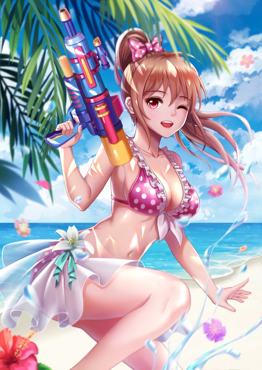 alternate_costume beach bikini brown_hair canon_genderswap cleavage detailed_background female female_only frilled_bikini frills genderswap_(mtf) gintama hairbow hi_res high_ponytail light_brown_hair long_hair looking_at_viewer medium_breasts okita_sougo okita_souko open_mouth outside pink_bikini polka_dot polka_dot_bikini ponytail red_eyes rule_63 sarong sideboob smile solo swimsuit water_gun weapon wink