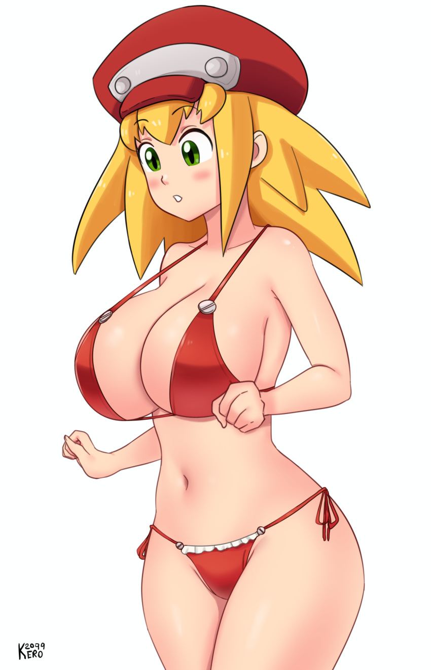 1girls alternate_breast_size artist_name big_breasts bikini blonde_hair blush breasts busty cleavage female female_only green_eyes gummslime highres kero2099 large_breasts legs mega_man mega_man_legends navel open_mouth red_bikini roll_caskett short_hair solo swimsuit thick_thighs thighs voluptuous