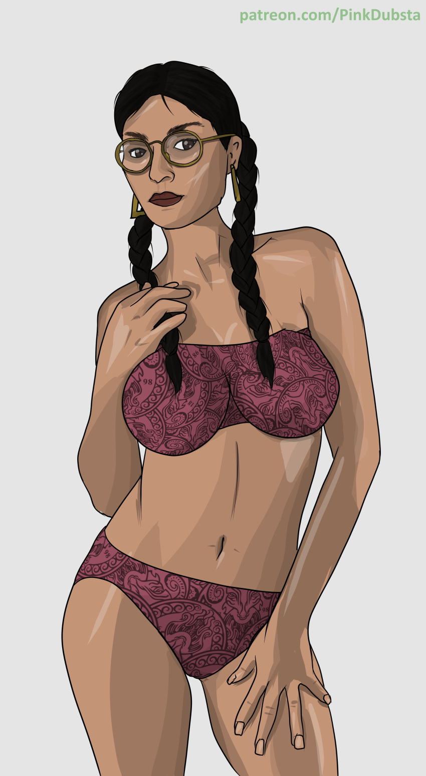 absurd_res bare_shoulders black_hair brown_eyes cleavage collarbone expressionless female female_focus female_only femsub glasses grand_theft_auto grand_theft_auto_online large_breasts lingerie mimi_(gta_online) navel patreon_username pink_dubsta short_hair solo solo_female standing watermark