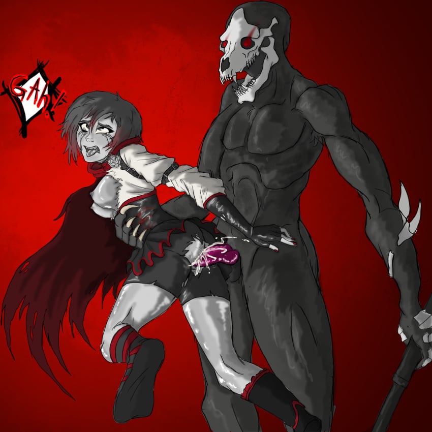 1boy 1girls aged_up black_hair brown_hair cape cum cum_in_pussy cum_inside defeated defeated_heroine domination english_text female grimm_(rwby) hood interspecies light-skinned_female male monster monster_on_female rape red_eyes rn ruby_rose rwby skirt skull socks speech_bubble submissive_female text torn_clothes vaginal_penetration