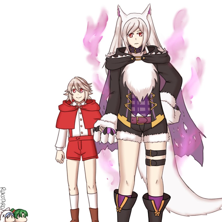 1boy 1girls alternate_costume animal_ears ass_visible_through_thighs aura belt boots breasts coat collar corrin_(fire_emblem) corrin_(fire_emblem)_(male) cosplay dark_aura female fire_emblem fire_emblem:_the_blazing_blade fire_emblem_awakening fire_emblem_fates fire_emblem_heroes frown gloves grima_(fire_emblem) halloween halloween_costume holding_hands larger_female leg_belt lilith_(fire_emblem) little_red_riding_hood_(cosplay) long_hair lyn_(fire_emblem) male medium_breasts nintendo official_alternate_costume red_eyes robin_(female)_(halloween)_(fire_emblem) robin_(fire_emblem) robin_(fire_emblem)_(female) rukotaro short_hair size_difference smaller_male smile tail twintails wolf_girl