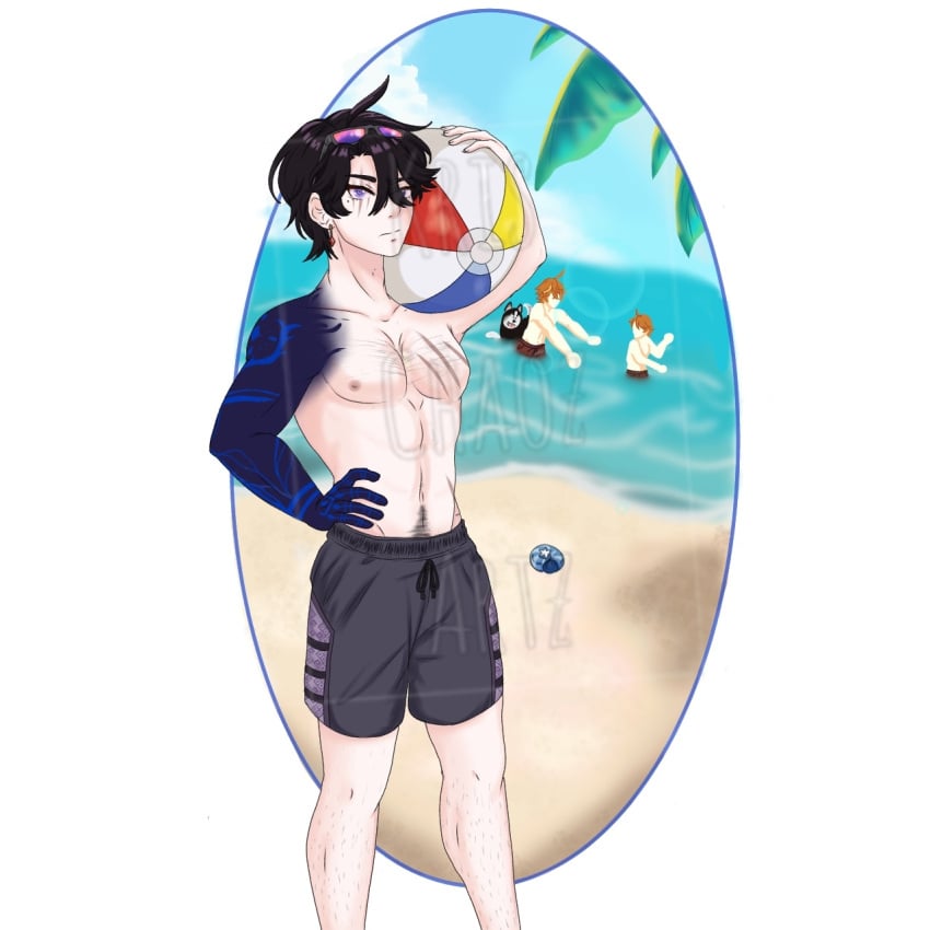 abs beach beach_ball male_only not_nsfw oc original_character safe tartaglia_(genshin_impact)