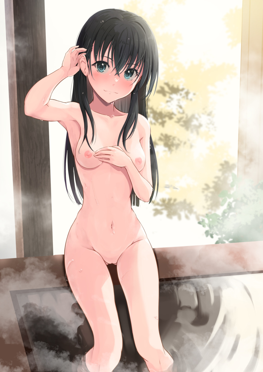 1girls aqua_eyes arm_up armpits breasts female female_only hi_res k3rd legs long_hair looking_at_viewer medium_breasts navel nipples nude onsen pussy saten_ruiko sitting smile solo thighs to_aru_kagaku_no_railgun to_aru_majutsu_no_index uncensored water wet