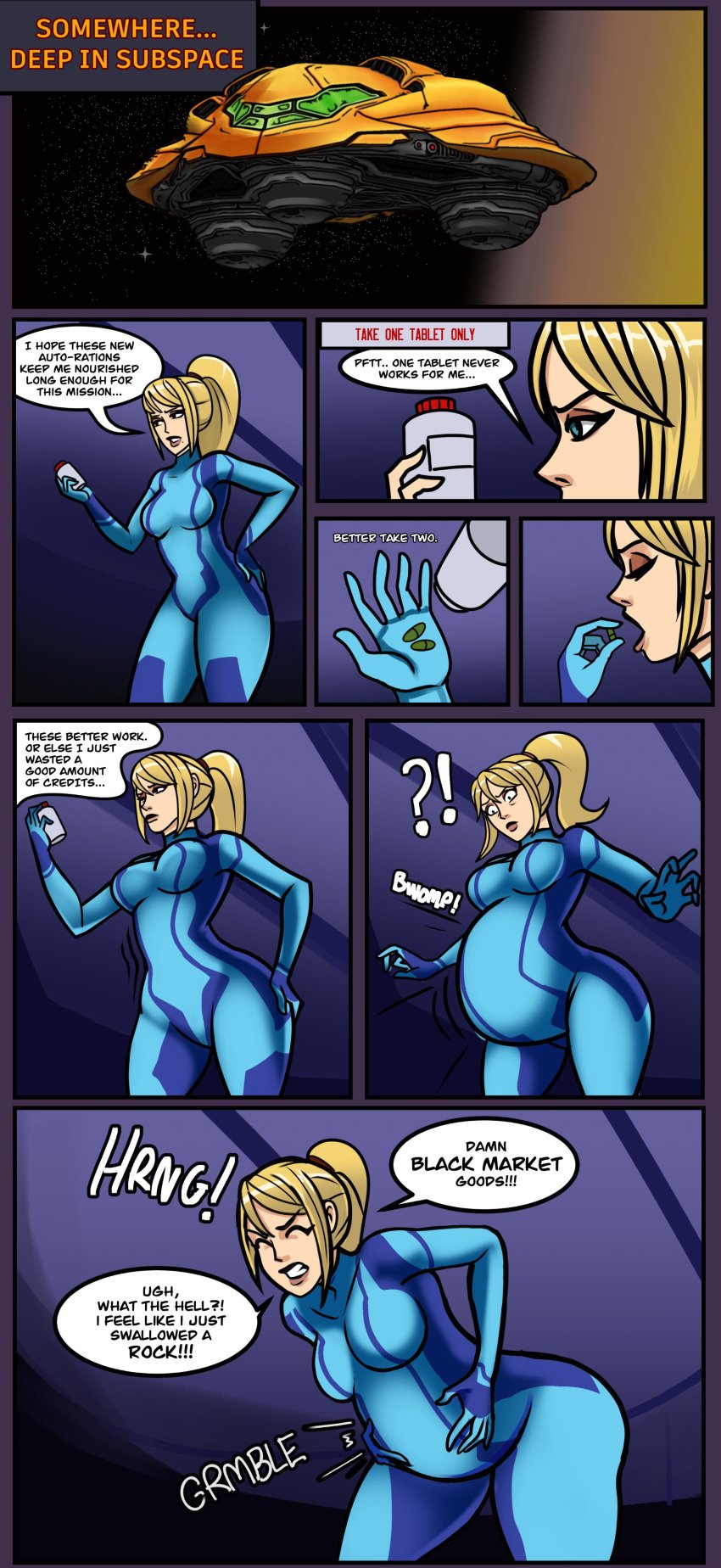 1girls belly belly_inflation big_belly big_breasts bloated bloated_belly blonde_hair breasts comic english_text female funny hand_on_belly inflation lolotron6 metroid samus_aran skintight text