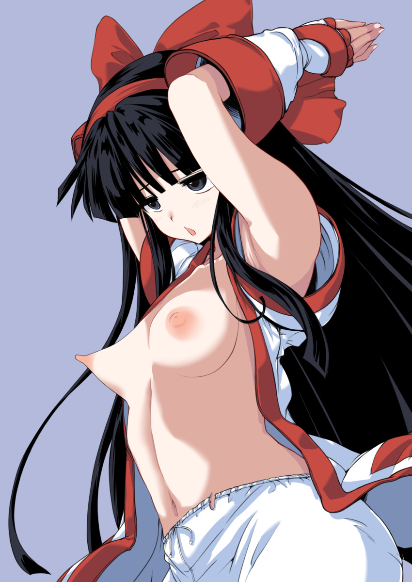 1girls ainu_clothes armpits arms_behind_head black_hair breasts female female_only fingerless_gloves gloves grey_eyes hair_ribbon highres hirowa_nagi long_hair looking_at_viewer medium_breasts nakoruru navel nipples open_clothes open_mouth pants ribbon samurai_shodown snk solo torn_clothes translated