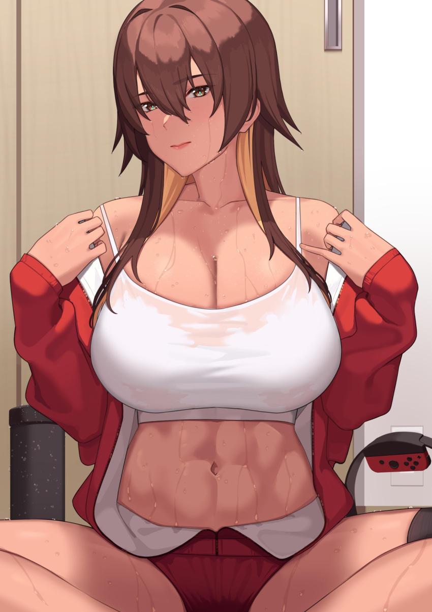 abs bangs blonde_hair bow breasts brown_eyes brown_hair cleavage closed_mouth electronics female franham game_controller hairbow highres indoors jacket joycon_controller large_breasts long_hair long_sleeves looking_at_viewer multicolored_hair muscular muscular_female navel no_pants off_shoulder open_clothes open_jacket original panties pilates_ring red_jacket red_panties ring_fit_adventure ringcon_controller sitting solo sports_bra sweat sweating_profusely two-tone_hair underwear white_sports_bra