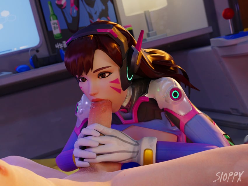 1boy 1boy1girl 1girls 3d 3d_(artwork) blender blowjob d.va fellatio female hana_song hand_on_penis light-skinned_female light-skinned_male light_skin oral oral_sex overwatch sioppx