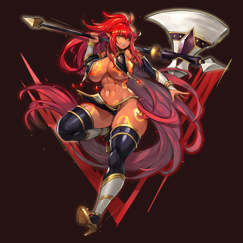 axe big_breasts breast_curtains breasts dark-skinned_female dark_elf elf ephyra_drakaina_(zahylon) gurimjang huge_breasts long_hair original_character ponytail red_hair tattoo zahylon