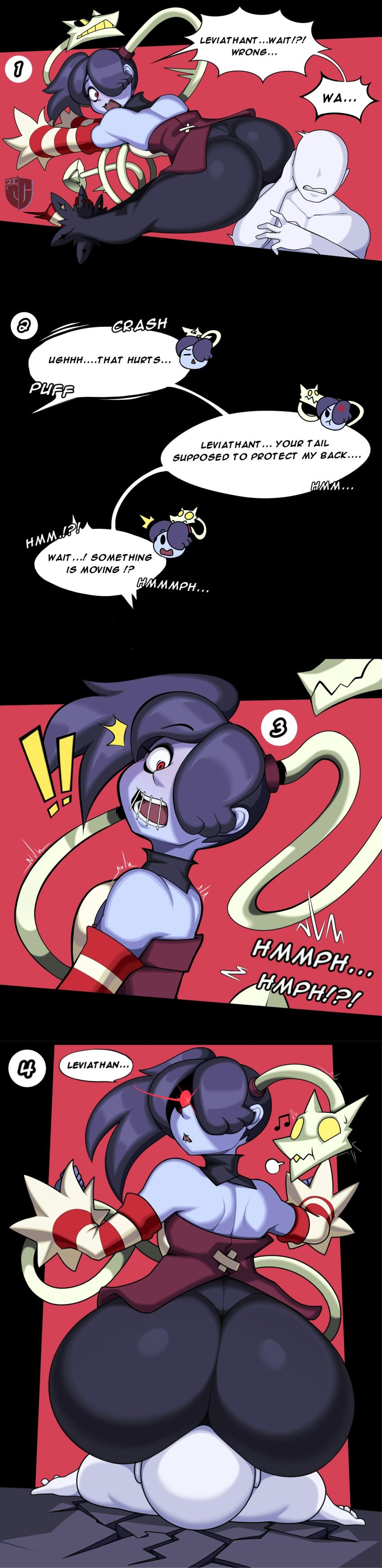 anger ass big_ass big_butt black_hair cracked_floor dialogue facesitting fat_ass female glowing_eye huge_ass igxxiii latex leviathan_(skullgirls) looking_back massive_ass purple_skin skullgirls squigly surprised surprised_expression tagme