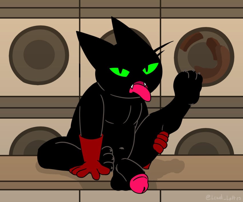 6:5 anthro cartoon_network clothing counter domestic_cat erection felid feline felis furniture genitals gloves green_eyes handwear hi_res laundry_mat lewd_latte male mammal mao_mao:_heroes_of_pure_heart mao_mao_(character) penis solo table tongue