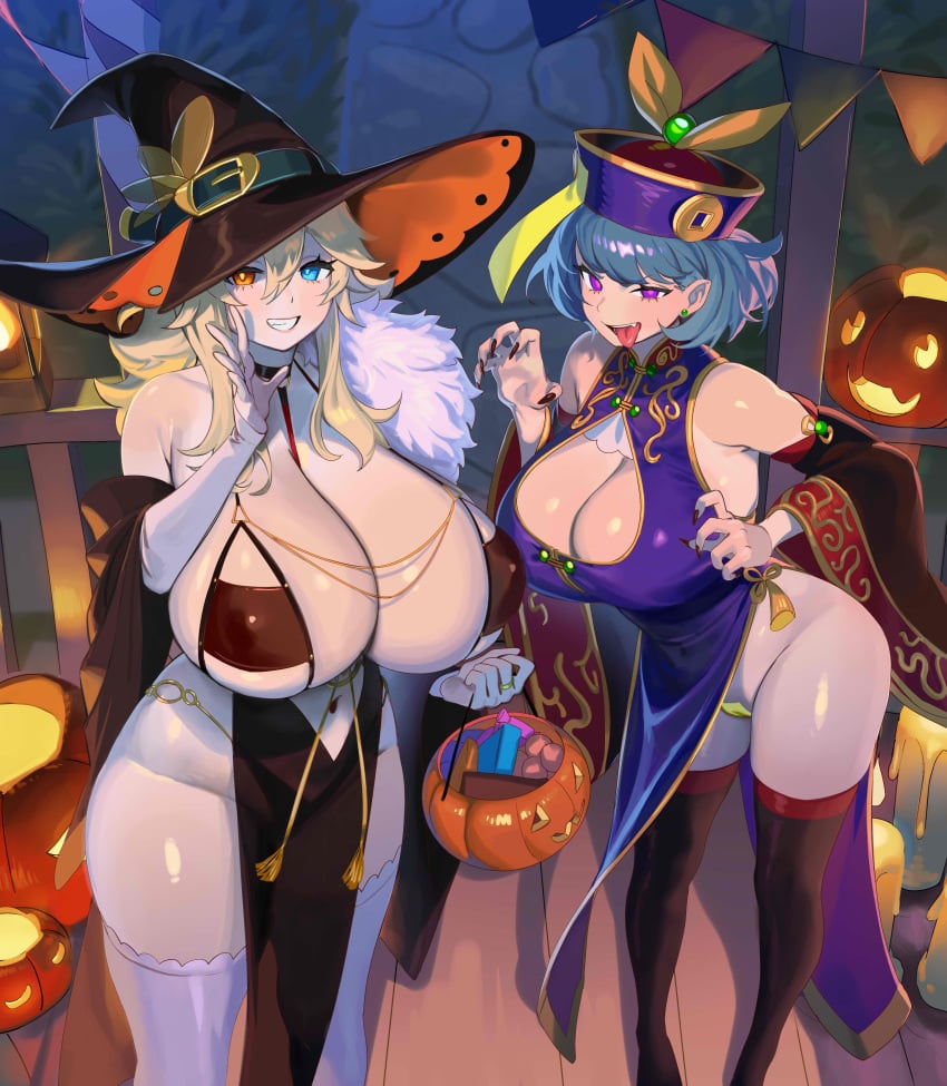 2girls blonde_hair blue_eyes breasts cheeky china_dress chinese_clothes cleavage commission commission_art dress enta_(nia) female gwendolyn_(cliffpadfoot) halloween halloween_costume hat heterochromia hi_res hips holding_object huge_breasts jiangshi large_hat light-skinned_female light_skin maebari massive_breasts naughty_face nia4294 nia_(nia4294) orange_eyes original pale-skinned_female pale_skin purple_eyes slim_waist suggestive_look thick_thighs thighhighs thighs trick_or_treat very_high_resolution wide_hips witch witch_costume witch_hat