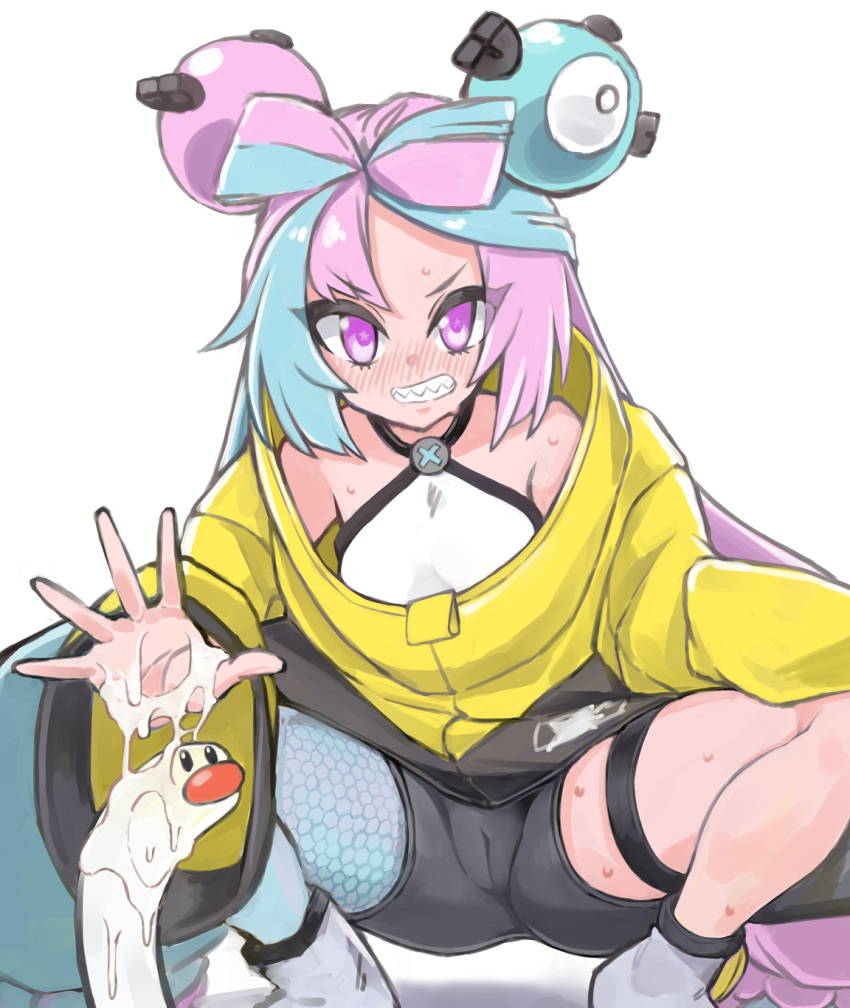 1girls 1pokemon after_handjob blue_and_pink_hair blush cameltoe clothed convenient_censoring cum cum_on_hand cyan_hair fancy_shmancy_hair_clips female gym_leader hair_ornament human iono_(pokemon) light-skinned_female light_skin long_hair multicolored_hair nintendo pink_eyes pink_hair pokémon_(species) pokemon pokemon_sv shorts smile squatting tateumi_ken thighs twintails two_tone_hair wiglett