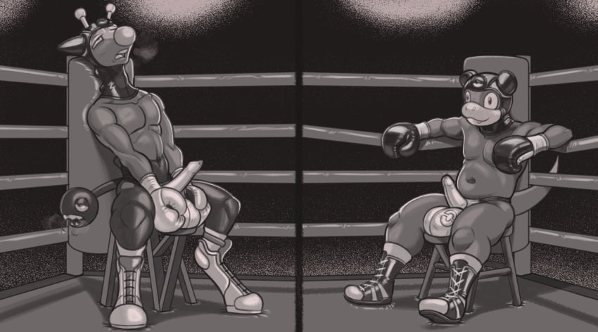 2022 anthro ballboxing balls balls_outline blank_stare boxing boxing_gloves bulge clothing dcheese digital_media_(artwork) duo erection fighting_ring form_fitting generation_1_pokemon generation_2_pokemon genital_outline genitals girafarig handwear hi_res holding_balls leather leather_headgear male male/male male_only monochrome nintendo pained_expression penis_clothing penis_outline pokémon_(species) pokemon pokemon_(species) slightly_chubby slowpoke sport thong underwear video_games