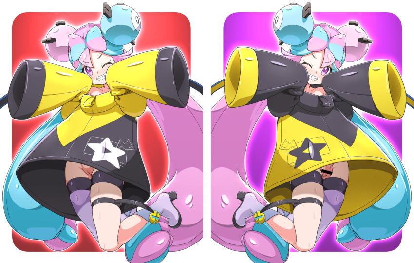 1boy 1girls balls blue_and_pink_hair blush boots censor_bar censored cyan_hair fancy_shmancy_hair_clips female femboy gym_leader hair_ornament human iono_(pokemon) kousaka_jun legwear_only light-skinned_female light_skin long_hair male multicolored_hair nintendo no_panties penis pink_eyes pink_hair pokemon pokemon_sv pussy rule_63 sharp_teeth smile standing testicles two_tone_hair