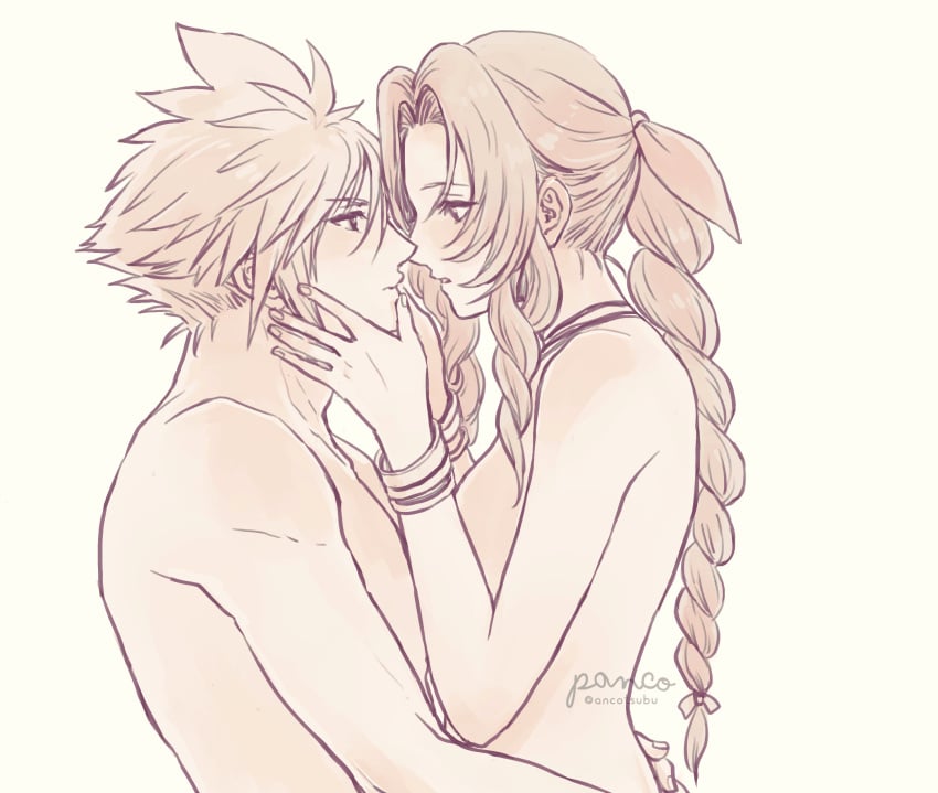 1boy 1girls aerith_gainsborough ancotsubu cloud_strife couple eye_contact female final_fantasy final_fantasy_vii final_fantasy_vii_remake hand_on_face holding_head long_hair looking_at_partner lovers male male/female nude romantic straight wholesome