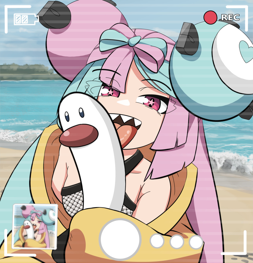 1girls blue_and_pink_hair blush breasts camera_view cyan_hair fancy_shmancy_hair_clips female gym_leader hair_ornament human iono_(pokemon) licking light-skinned_female light_skin multicolored_hair nintendo nsfw_puffles open_mouth pink_eyes pink_hair pokémon_(species) pokemon pokemon_sv sexually_suggestive sharp_teeth small_breasts tongue_out twintails two_tone_hair wiglett