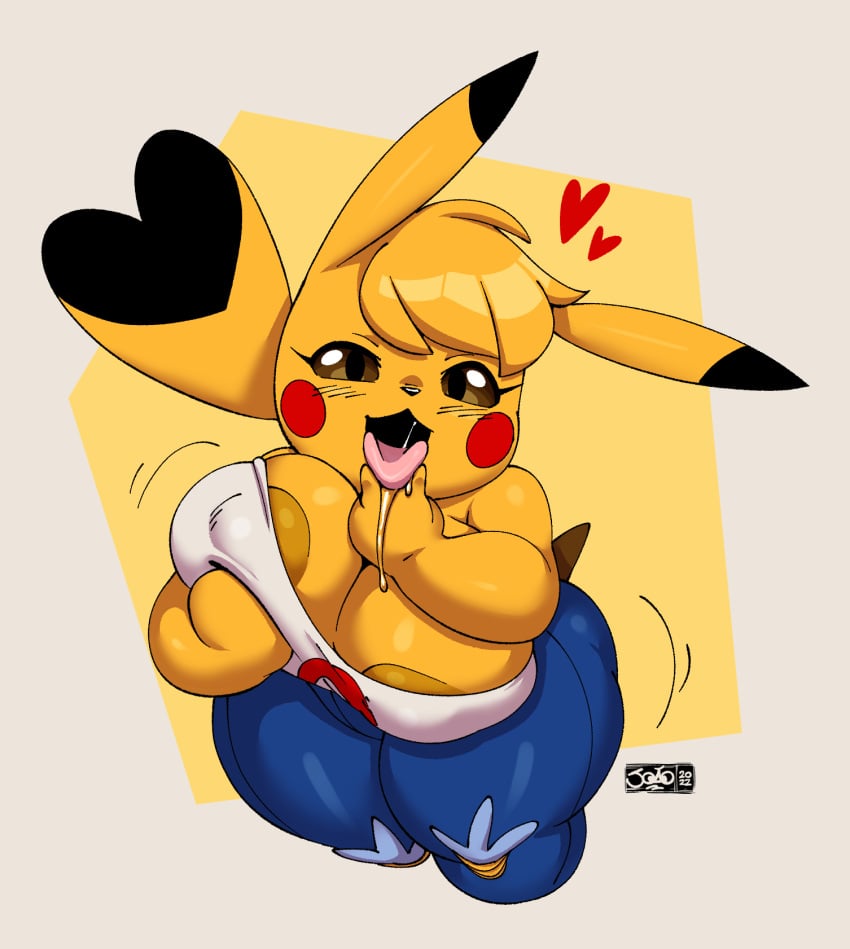 1girls anthro big_breasts breasts cleavage clothing cosplay_pikachu denim denim_clothing denim_jeans drooling female female_only jeans joaoppereiraus kanna_(joaoppereiraus) looking_at_viewer no_bra open_mouth oral_gesture pants pikachu pokémon_(species) pokemon saliva sexually_suggestive shirt shortstack solo thick_thighs tongue tongue_out wide_hips