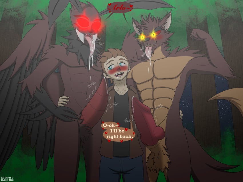 anthro arlo_davis(dustin_c) balls blue_eyes blush bodily_fluids brown_body brown_fur brown_hair canid canine canis carlos(dustin_c) clothed clothing cryptid dialogue digital_media_(artwork) dustin_c english_text erection fur genital_fluids genitals glowing glowing_eyes group hair hi_res human looking_at_viewer male male/male malin(dustin_c) mammal monster mothman motion_lines open_mouth penis red_eyes shirt simple_background smile speech_bubble text tongue topwear trio were werecanid werecanine werewolf wings wolf yellow_eyes