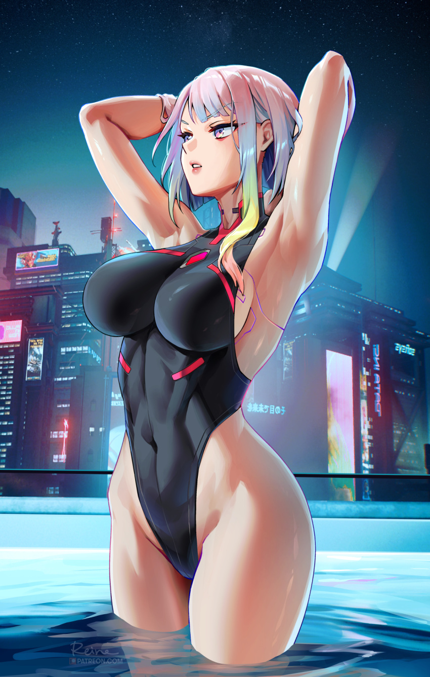 1girls armpits arms_up breasts cd_projekt_red cityscape competition_swimsuit cyberpunk:_edgerunners cyberpunk_2077 female foxy_rain_(foxyreine) foxyrain_(foxyreine) foxyreine highleg_swimsuit hips huge_breasts light-skinned_female light_skin lucyna_kushinada multicolored_hair night one-piece_swimsuit outdoors short_hair slim_waist studio_trigger swimsuit thick_thighs thighs white_hair wide_hips