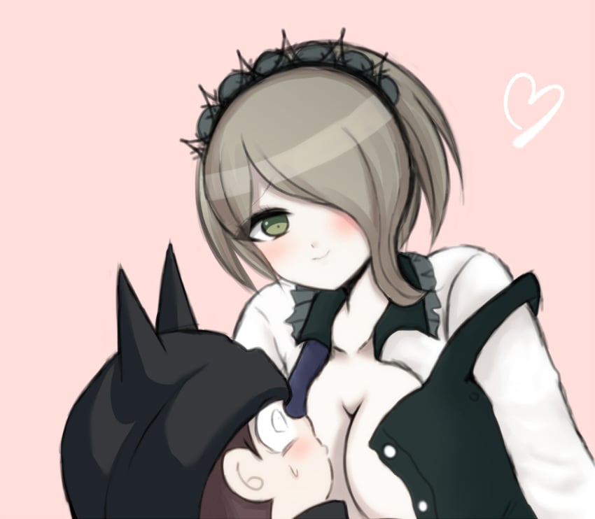 blush breasts danganronpa danganronpa_v3 dwarfism exposed_breasts ina_(artist) irish large_breasts no_bra open_clothes ryoma_hoshi straight_hair toujou_kirumi