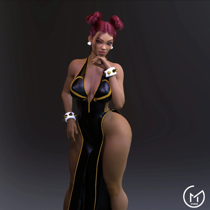 1girls 3d apex_legends big_breasts blonde_female breasts chun-li_(cosplay) clothed clothed_female cosplay crossover_cosplay dark-skinned_female dark_skin dress female female_only gm_studios lifeline_(apex_legends) long_hair looking_at_viewer nail_polish red_hair respawn_entertainment smile smiling solo street_fighter thick_thighs