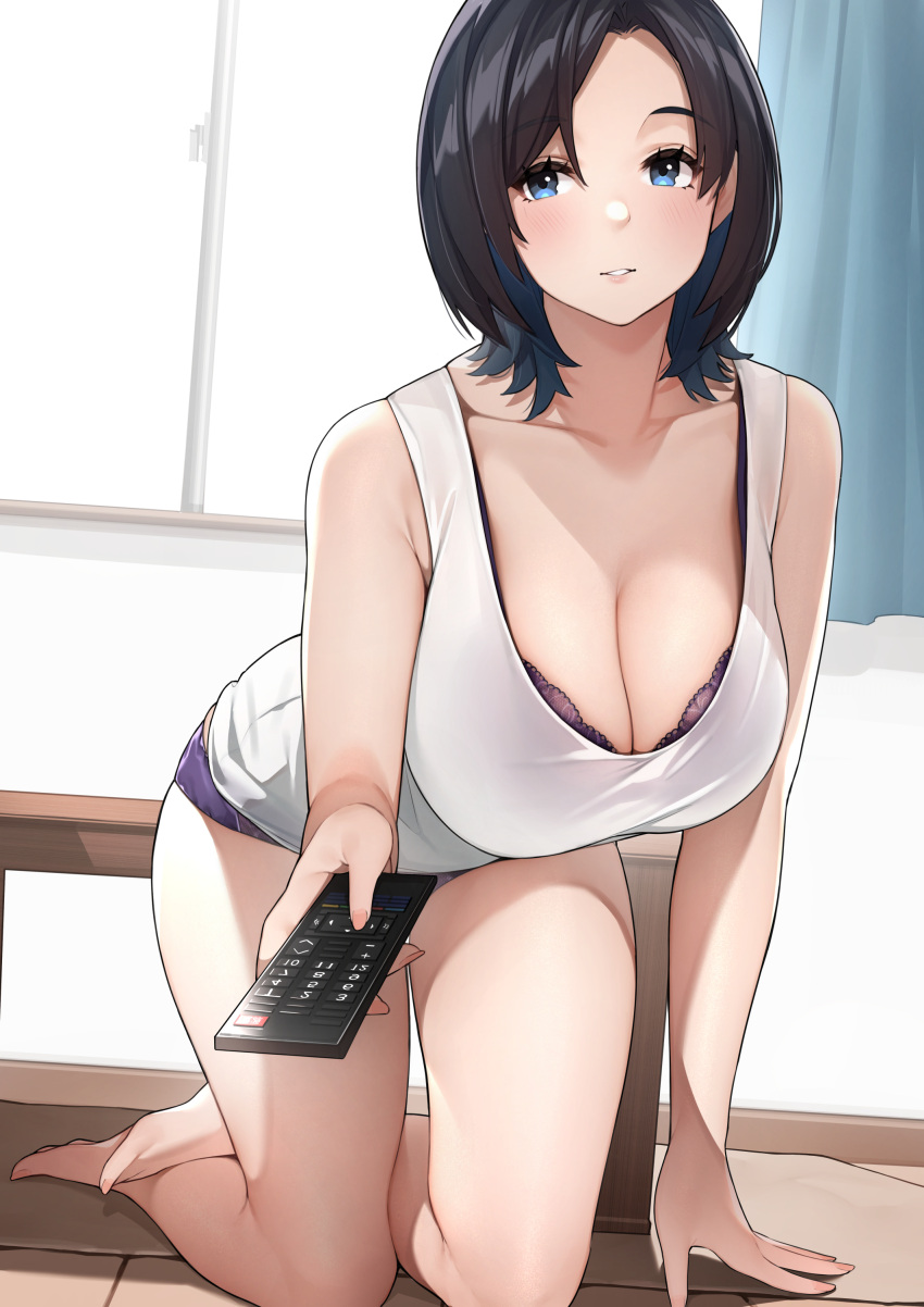 1girls bangs bare_arms bare_legs bare_shoulders barefoot black_hair blue_eyes blush bra breasts cleavage female female_focus highres indoors kneeling large_breasts mature_female medium_hair milf original original_character parted_bangs purple_bra purple_shorts remote_control sakuranotomoruhie shirt short_shorts shorts sleeveless smile solo thighs underwear white_shirt wife