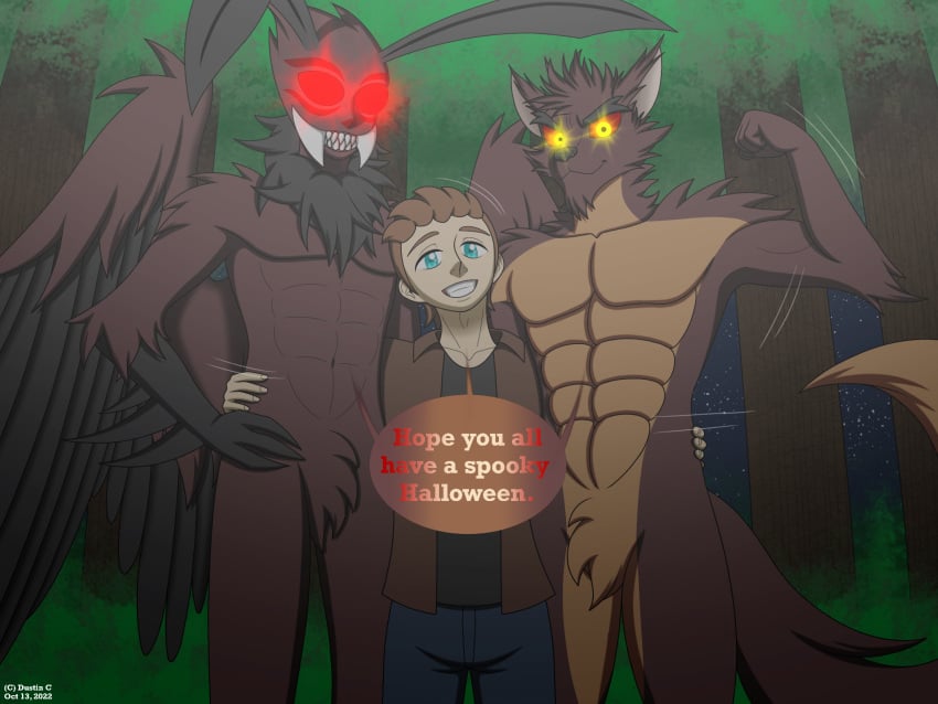 anthro arlo_davis(dustin_c) blue_eyes brown_body brown_fur brown_hair canid canine canis carlos(dustin_c) clothed clothing cryptid dialogue digital_media_(artwork) dustin_c english_text fur glowing glowing_eyes group hair hi_res human looking_at_viewer male male/male malin(dustin_c) mammal monster mothman motion_lines red_eyes shirt simple_background smile text topwear trio were werecanid werecanine werewolf wings wolf yellow_eyes